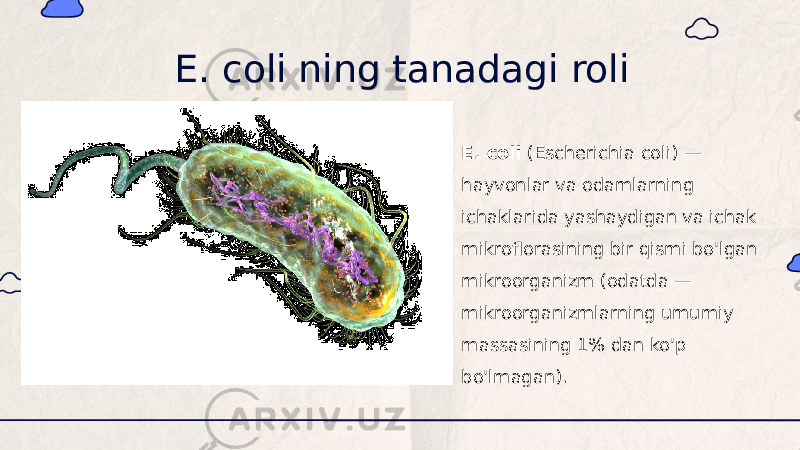 E. coli ning tanadagi roli E. coli  (Escherichia coli) — hayvonlar va odamlarning ichaklarida yashaydigan va ichak mikroflorasining bir qismi bo&#39;lgan mikroorganizm (odatda — mikroorganizmlarning umumiy massasining 1% dan ko&#39;p bo&#39;lmagan). 