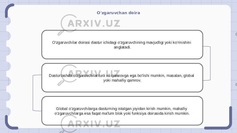 O&#39;zgaruvchan doira O&#39;zgaruvchilar doirasi dastur ichidagi o&#39;zgaruvchining mavjudligi yoki ko&#39;rinishini anglatadi. Dasturlashda o&#39;zgaruvchilar turli xil qamrovga ega bo&#39;lishi mumkin, masalan, global yoki mahalliy qamrov. Global o&#39;zgaruvchilarga dasturning istalgan joyidan kirish mumkin, mahalliy o&#39;zgaruvchilarga esa faqat ma&#39;lum blok yoki funksiya doirasida kirish mumkin. 