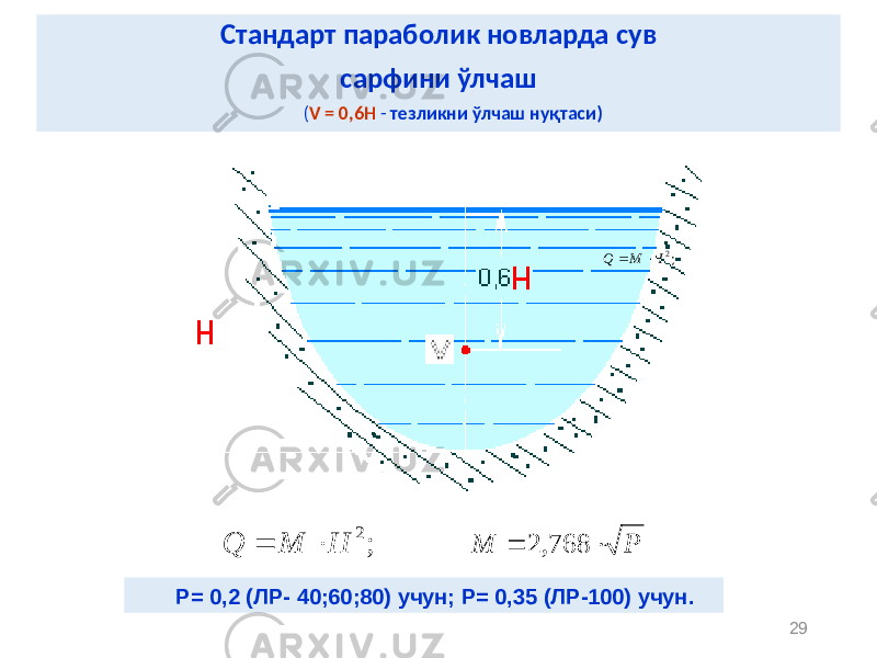 29Стандарт параболик новларда сув сарфини ўлчаш ( V = 0,6Н - тезликни ўлчаш нуқтаси) Р= 0,2 (ЛР- 40;60;80) учун; Р= 0,35 (ЛР-100) учун. ;2 HMQ P M   768, 2 ; 2 H M Q   