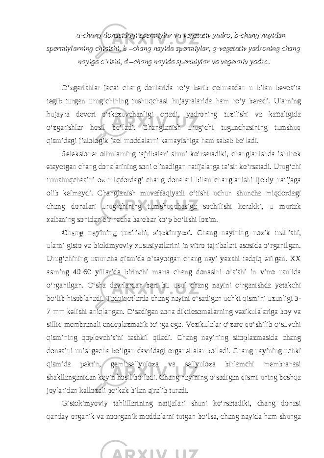 a-chang donasidagi spermiylar va vegetativ yadro, b-chang nayidan spermiylarning chiqishi, b –chang nayida spermiylar, g-vegetativ yadroning chang nayiga o‘tishi, d –chang nayida spermiylar va vegetativ yadro . O‘zgarishlar faqat chang donlarida ro‘y berib qolmasdan u bilan bevosita tegib turgan urug‘chining tushuqchasi hujayralarida ham ro‘y beradi. Ularning hujayra devori o‘tkazuvchanligi ortadi, yadroning tuzilishi va kattaligida o‘zgarishlar hosil bo‘ladi. Changlanish urug‘chi tugunchasining tumshuq qismidagi fiziologik faol moddalarni kamayishiga ham sabab bo‘ladi. Seleksioner olimlarning tajribalari shuni ko‘rsatadiki, changlanishda ishtirok etayotgan chang donalarining soni olinadigan natijalarga ta’sir ko‘rsatadi. Urug‘chi tumshuqchasini oz miqdordagi chang donalari bilan changlanishi ijobiy natijaga olib kelmaydi. Changlanish muvaffaqiyatli o‘tishi uchun shuncha miqdordagi chang donalari urug‘chining tumshuqchasiga sochilishi kerakki, u murtak xaltaning sonidan bir necha barobar ko‘p bo‘lishi lozim. Chang nayining tuzilishi, sitokimyosi. Chang nayining nozik tuzilishi, ularni gisto va biokimyoviy xususiyatlarini in vitro tajribalari asosida o‘rganilgan. Urug‘chining ustuncha qismida o‘sayotgan chang nayi yaxshi tadqiq etilgan. XX asrning 40-60 yillarida birinchi marta chang donasini o‘sishi in vitro usulida o‘rganilgan. O‘sha davrlardan beri bu usul chang nayini o‘rganishda yetakchi bo‘lib hisoblanadi. Tadqiqotlarda chang nayini o‘sadigan uchki qismini uzunligi 3- 7 mm kelishi aniqlangan. O‘sadigan zona diktiosomalarning vezikulalariga boy va silliq membranali endoplazmatik to‘rga ega. Vezikulalar o‘zaro qo‘shilib o‘suvchi qismining qoplovchisini tashkil qiladi. Chang nayining sitoplazmasida chang donasini unishgacha bo‘lgan davridagi organellalar bo‘ladi. Chang nayining uchki qismida pektin, gemitsellyuloza va sellyuloza birlamchi membranasi shakllanganidan keyin hosil bo‘ladi. Chang nayining o‘sadigan qismi uning boshqa joylaridan kallozali po‘kak bilan ajralib turadi. Gistokimyoviy tahlillarining natijalari shuni ko‘rsatadiki, chang donasi qanday organik va noorganik moddalarni tutgan bo‘lsa, chang nayida ham shunga 