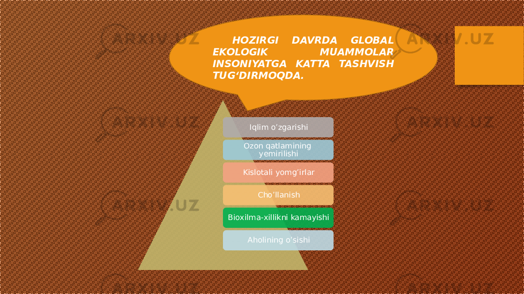 HOZIRGI DAVRDA GLOBAL EKOLOGIK MUAMMOLAR INSONIYATGA KATTA TASHVISH TUG‘DIRMOQDA. Iqlim o’zgarishi Ozon qatlamining yemirilishi Kislotali yomg’irlar Cho’llanish Bioxilma-xillikni kamayishi Aholining o’sishi 