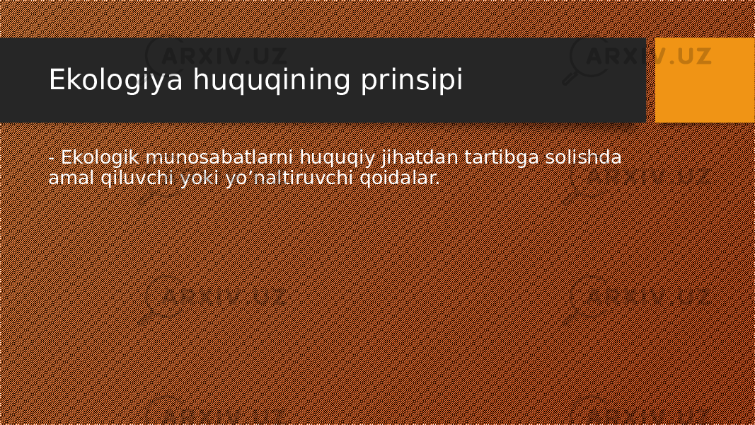 Ekologiya huquqining prinsipi - Ekologik munosabatlarni huquqiy jihatdan tartibga solishda amal qiluvchi yoki yo’naltiruvchi qoidalar. 