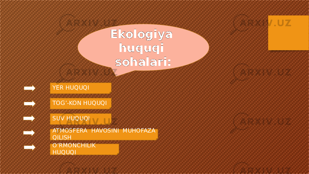 Ekologiya huquqi sohalari: YER HUQUQI TOG’-KON HUQUQI SUV HUQUQI ATMOSFERA HAVOSINI MUHOFAZA QILISH O’RMONCHILIK HUQUQI 