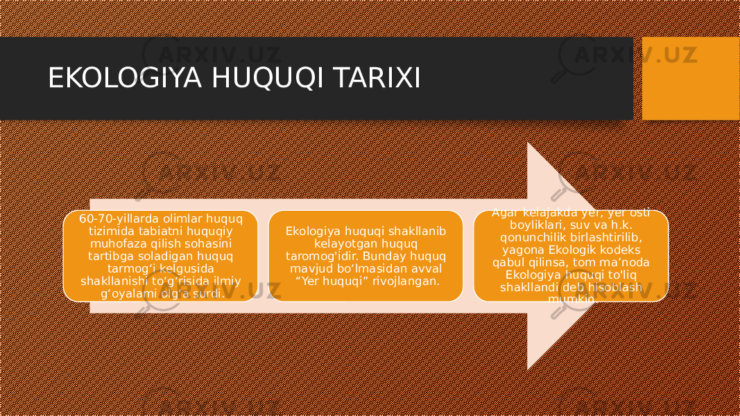 EKOLOGIYA HUQUQI TARIXI 60-70-yillarda olimlar huquq tizimida tabiatni huquqiy muhofaza qilish sohasini tartibga soladigan huquq tarmog‘i kelgusida shakllanishi to‘g‘risida ilmiy g‘oyalami olg‘a surdi. Ekologiya huquqi shakllanib kelayotgan huquq taromog&#39;idir. Bunday huquq mavjud bo‘lmasidan avval “Yer huquqi” rivojlangan. Agar kelajakda yer, yer osti boyliklari, suv va h.k. qonunchilik birlashtirilib, yagona Ekologik kodeks qabul qilinsa, tom ma’noda Ekologiya huquqi to&#39;liq shakllandi deb hisoblash mumkin. 