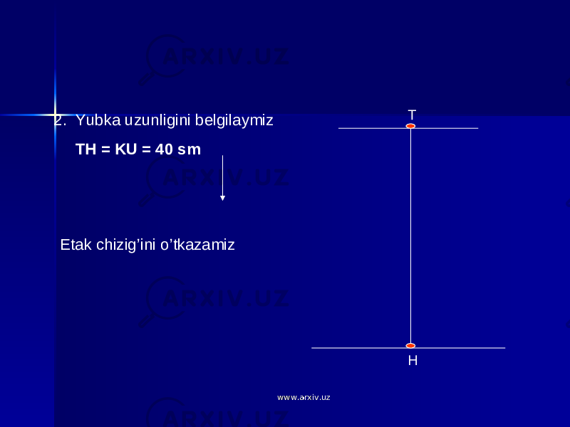 Т Н2. Yubka uzunligini belgilaymiz ТН = KU = 40 sm Etak chizig’ini o’tkazamiz www.arxiv.uzwww.arxiv.uz 