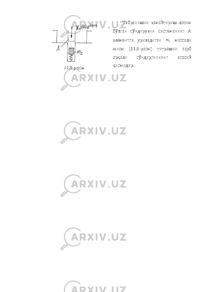 11.6-расм Тебранишни камайтириш лозим бўлган сўндирувчи системанинг А э лементга уриладиган cm массали жисм (11.6-расм) титрашни зарб орқали сўндиргичнинг асосий қисмидир. 