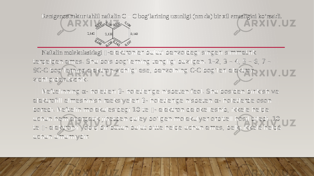 Rentgenostruktur tahlil naftalin C – C bog’larining uzunligi (nm da) bir xil emasligini ko’rsatdi. Naftalin molekulasidagi -elektronlar buluti benzoldagi singari simmetrik tarqalgan emas. Shu bois bog’larning tengligi buzilgan. 1–2, 3 – 4, 5 – 6, 7 – 8C-C bog’larning elektron zichligi esa, benzolning C-C bog’lari elektron zichligidan kichik. Naftalinning α- holatlari β- holatlariga nisbatan faol. Shu bosidan birikish va elektrofill almashinish reaksiyalari β- holatlariga nisbatan α- holatlarda oson boradi. Naftalin molekulasidagi 10 ta - elektron delokallashib, ikkala halqa uchun ham energetik jihatdan qulay bo’lgan molekulyar orbitall hosil qiladi. 10 ta - elektronli yopiq bir butun bulut bitta halqa uchun emas, balki ikkala halqa uchun umumiydir.0,143 0 , 1 4 0 0,142 0,139 0,140 