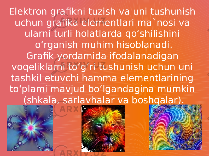 Elektron grafikni tuzish va uni tushunish uchun grafika elementlari ma`nosi va ularni turli holatlarda qo‘shilishini o‘rganish muhim hisoblanadi. Grafik yordamida ifodalanadigan voqeliklarni to‘g‘ri tushunish uchun uni tashkil etuvchi hamma elementlarining to‘plami mavjud bo‘lgandagina mumkin (shkala, sarlavhalar va boshqalar). 