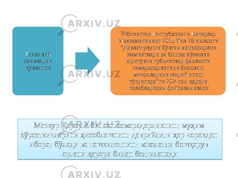 Таҳлилий амалларни қўллашда Ўзбекистон Республикаси Вазирлар Маҳкамасининг 2015 йил 28 июлдаги “Давлат улуши бўлган акциядорлик жамиятлари ва бошқа хўжалик юритувчи субъектлар фаолияти самарадорлигини баҳолаш мезонларини жорий этиш тўғрисида”ги 207-сон қарори талабларидан фойдаланилади Мазкур Қарорга биноан самарадорликнинг муҳим кўрсаткичларини ҳисоблашнинг даврийлиги ҳар чоракдан иборат бўлади ва ташкилотнинг ваколатли бошқарув органи қарори билан белгиланади01 30 15 251820 