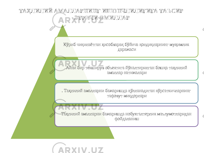 ТАҲЛИЛИЙ АМАЛЛАРНИНГ ИШОНЧЛИЛИГИГА ТАЪСИР ЭТУВЧИ ОМИЛЛАР Кўриб чиқилаётган ҳисобварақ бўйича қолдиқларнинг муҳимлик даражаси Айни бир текширув объектига йўналтирилган бошқа таҳлилий амаллар натижалари . Таҳлилий амалларни бажаришда қўлланадиган кўрсаткичларнинг тафовут миқдорлари Таҳлилий амалларни бажаришда нобухгалтерлик маълумотларидан фойдаланиш 