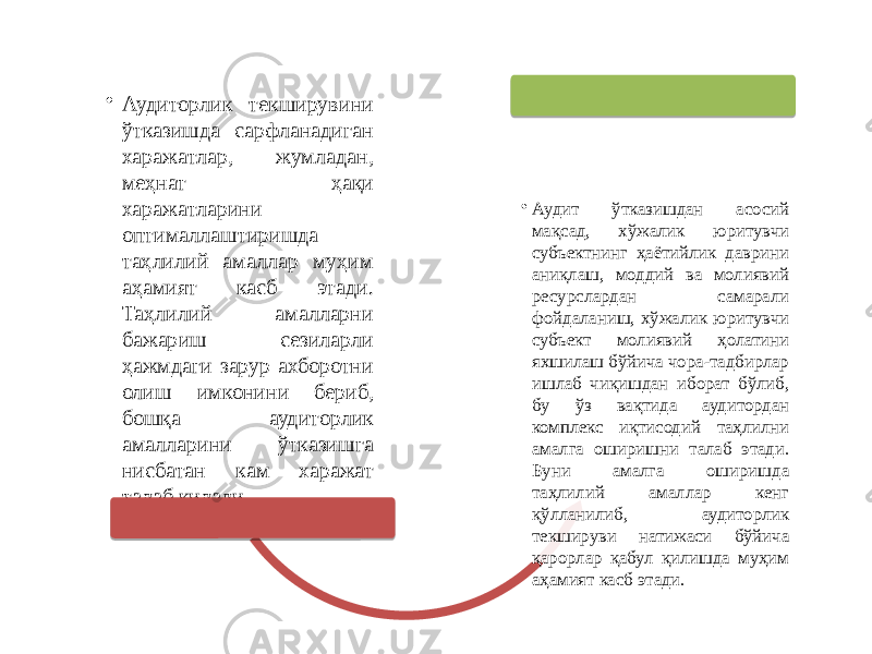 • Аудиторлик текширувини ўтказишда сарфланадиган харажатлар, жумладан, меҳнат ҳақи харажатларини оптималлаштиришда таҳлилий амаллар муҳим аҳамият касб этади. Таҳлилий амалларни бажариш сезиларли ҳажмдаги зарур ахборотни олиш имконини бериб, бошқа аудиторлик амалларини ўтказишга нисбатан кам харажат талаб қилади. • Аудит ўтказишдан асосий мақсад, хўжалик юритувчи субъектнинг ҳаётийлик даврини аниқлаш, моддий ва молиявий ресурслардан самарали фойдаланиш, хўжалик юритувчи субъект молиявий ҳолатини яхшилаш бўйича чора-тадбирлар ишлаб чиқишдан иборат бўлиб, бу ўз вақтида аудитордан комплекс иқтисодий таҳлилни амалга оширишни талаб этади. Буни амалга оширишда таҳлилий амаллар кенг қўлланилиб, аудиторлик текшируви натижаси бўйича қарорлар қабул қилишда муҳим аҳамият касб этади. 