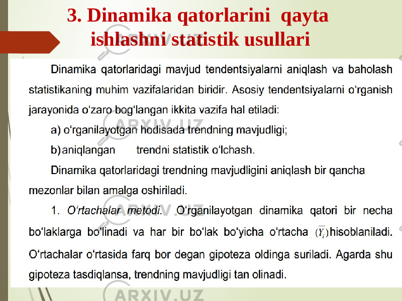 3. Dinamika qatorlarini qayta ishlashni statistik usullari 