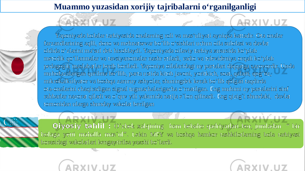 Yaponiyada bolalar tarbiyasida onalarning roli va mas’uliyati ayniqsa kattadir. Ota onalar farzandlarining aqlli, dono va mehnatsevar bo’lib o’sishlari uchun oila sulolasi va davlat oldida o’zlarini ma’sul deb hisoblaydi. Yaponiyada oilaviy tarbiya xususida ko’plab metodik qo’llanmalar va tavsiyanomalar nashr etiladi, radio va televideniya orqali ko’plab pedagogik maslahatlar berib boriladi. Yaponiya oilalaridagi uy partalari diqqatga sazovordir. Unda muhofazalangan qurilma bo’llib, parta ustida kitob javoni, yoritkich, soat, qalam, qog’oz, mikrokalkulyator va boshqa zaruruy ashyolar, shuningdek kerak bo’lib qolgan taqdirda ota-onalarini chaqiradigan signal tugmachalarigacha o’rnatilgan. Eng muhimi uy partalarini sinf rahbarlar nazorat qiladi va o`quv yili yakunida natija e`lon qilinadi. Eng qizig`i shundaki, davlat tomonidan ularga shunday vakolat berilgan Muammo yuzasidan xorijiy tajribalarni o‘rganilganligi Qiyosiy tahlil : O`zbek xalqining ham bebaho qadriyatlari bor, jumladan “ bir bolaga yetti mahalla mas`ul”. Lekin MFY va boshqa hamkor tashkilotlarning bola tarbiyasi borasidagi vakolatlari kengaytirilsa yaxshi bo`lardi. 