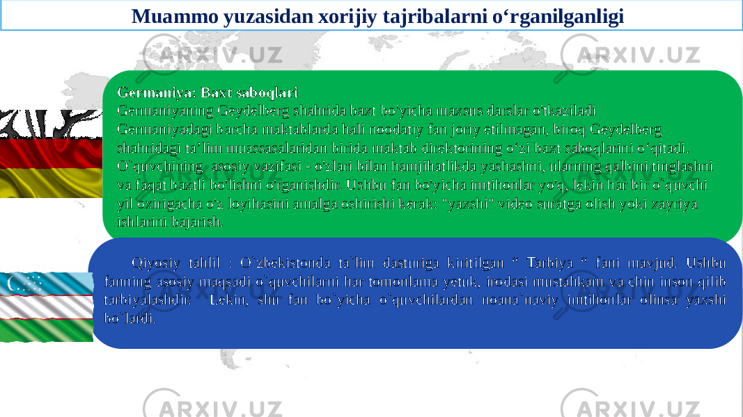  Muammo yuzasidan xorijiy tajribalarni o‘rganilganligi Germaniya: Baxt saboqlari Germaniyaning Geydelberg shahrida baxt bo&#39;yicha maxsus darslar o&#39;tkaziladi Germaniyadagi barcha maktablarda hali noodatiy fan joriy etilmagan, biroq Geydelberg shahridagi ta’lim muassasalaridan birida maktab direktorining o‘zi baxt saboqlarini o‘qitadi. O`quvchining asosiy vazifasi - o&#39;zlari bilan hamjihatlikda yashashni, ularning qalbini tinglashni va faqat baxtli bo&#39;lishni o&#39;rganishdir. Ushbu fan bo&#39;yicha imtihonlar yo&#39;q, lekin har bir o`quvchi yil oxirigacha o&#39;z loyihasini amalga oshirishi kerak: &#34;yaxshi&#34; video suratga olish yoki xayriya ishlarini bajarish. Qiyosiy tahlil : O`zbekistonda ta`lim dasturiga kiritilgan “ Tarbiya “ fani mavjud. Ushbu fanning asosiy maqsadi o`quvchilarni har tomonlama yetuk, irodasi mustahkam va chin inson qilib tarbiyalashdir. Lekin, shu fan bo`yicha o`quvchilardan noana`naviy imtihonlar olinsa yaxshi bo`lardi. 