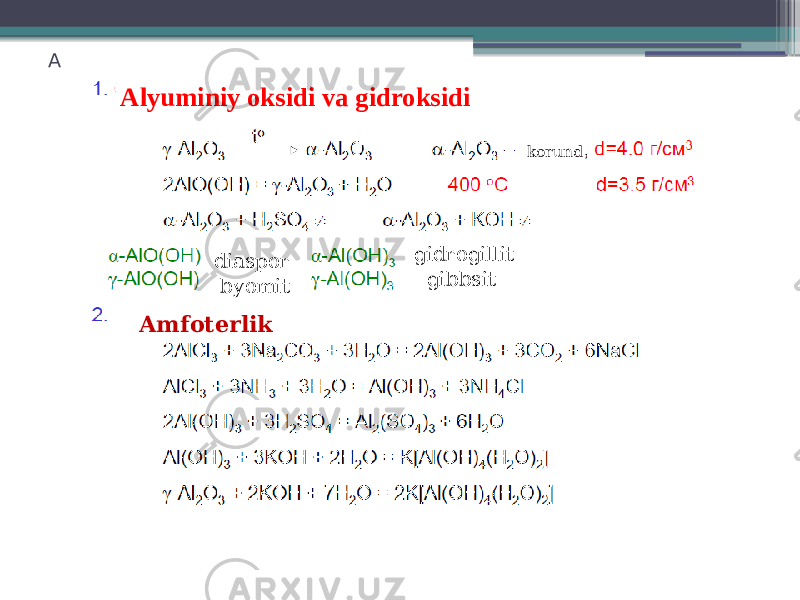 A Alyuminiy oksidi va gidroksidi korund diaspor byomit gidrogillit gibbsit Amfoterlik 