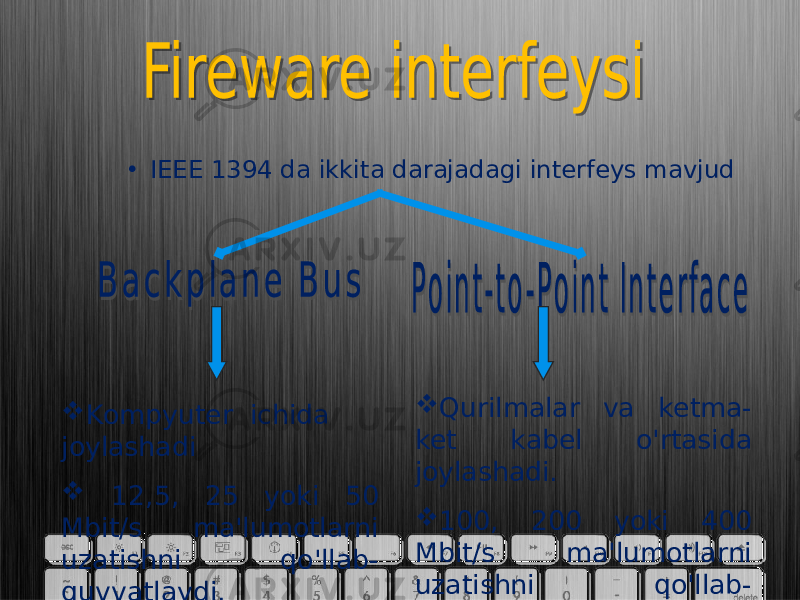 • IEEE 1394 da ikkita darajadagi interfeys mavjud  Kompyuter ichida joylashadi  12,5, 25 yoki 50 Mbit/s ma&#39;lumotlarni uzatishni qo&#39;llab- quvvatlaydi.  Qurilmalar va ketma- ket kabel o&#39;rtasida joylashadi.  100, 200 yoki 400 Mbit/s ma&#39;lumotlarni uzatishni qo&#39;llab- quvvatlaydi. 