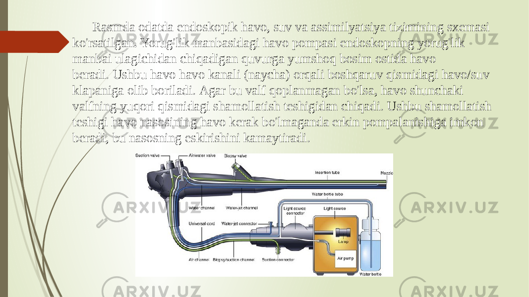   Rasmda odatda endoskopik havo, suv va assimilyatsiya tizimining sxemasi ko&#39;rsatilgan .  Yorug&#39;lik manbasidagi havo pompasi endoskopning yorug&#39;lik manbai ulagichidan chiqadigan quvurga yumshoq bosim ostida havo beradi. Ushbu havo havo kanali (naycha) orqali boshqaruv qismidagi havo/suv klapaniga olib boriladi. Agar bu valf qoplanmagan bo&#39;lsa, havo shunchaki valfning yuqori qismidagi shamollatish teshigidan chiqadi. Ushbu shamollatish teshigi havo nasosining havo kerak bo&#39;lmaganda erkin pompalanishiga imkon beradi, bu nasosning eskirishini kamaytiradi. 