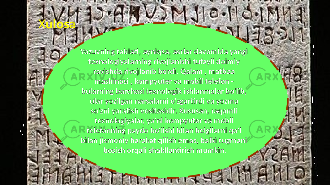 X ulosa Yozuvning tabiati, ayniqsa, asrlar davomida yangi texnologiyalarning rivojlanishi tufayli doimiy ravishda rivojlanib bordi. Qalam , matbaa mashinasi , kompyuter va mobil telefon - bularning barchasi texnologik ishlanmalar bo&#39;lib, ular yozilgan narsalarni o&#39;zgartirdi va yozma so&#39;zni yaratish vositasidir. Xususan, raqamli texnologiyalar, ya&#39;ni kompyuter va mobil telefonning paydo bo&#39;lishi bilan belgilarni qo&#39;l bilan jismoniy harakat qilish emas, balki tugmani bosish orqali shakllantirish mumkin. 