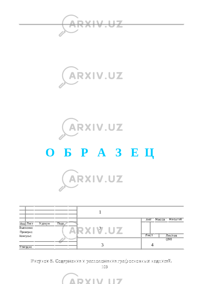 1 2 3 4 Рисунок-5. Содержание и расположение граф основных надписей. 103Изм Лист N докум Подп. Выполнил .лит Масса Масштаб Лист Листов ()90Проверил Консульт. Утвердил О Б Р А З Е Ц 