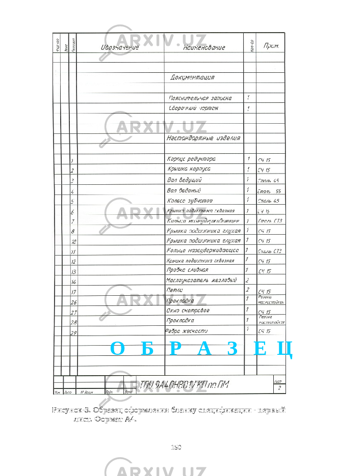 Рисунок-3. Образец оформления бланку спецификации - первый лист. Формат А4. 150О Б Р А З Е Ц 