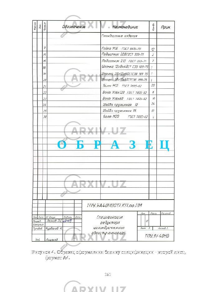 Рисунок-4. Образец оформления бланку спецификации - второй лист, формат А4. 151О Б Р А З Е Ц 