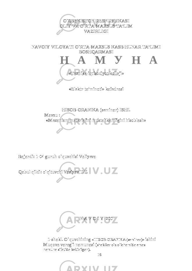 O`ZBEKISTON RESPUBLIKASI OLIY VA O`RTA-MAXSUS TA&#39;LIM VAZIRLIGI NAVOIY VILOYATI O`RTA-MAXSUS KASB HUNAR TA&#39;LIMI BOSHQARMASI « Texnika-iqtisodiyot kolleji» «Elektr ta&#39;minoti» kafedrasi HISOB-GRAFIKA (seminar) ISHI. Mavzu : «Mexanizm materialini mustahkamligini hisoblash» Bajardi: 1-04 guruh o`quvchisi Valiyeva Qabul qildi: o`qituvchi Vasiyev T.T. N A V O I Y 200 1-shakl. O`quvchining «HISOB-GRAFIKA (seminar)» ishini Muqova varag`i namunasi ( shakllar o`z o`lchamida emas namuna sifatida keltirilgan). 18Н А М У Н А 