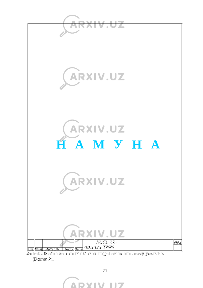  № 2-shakl. Ма tnli va konstrtuktorlik hujjatlari uchun asosiy yozuvlar. (For ма 2). 71Ozg .. Va-q Hujjat № Imzo Sana NGGI . 12- 00.3333 . TMM Var-qН А М У Н А 