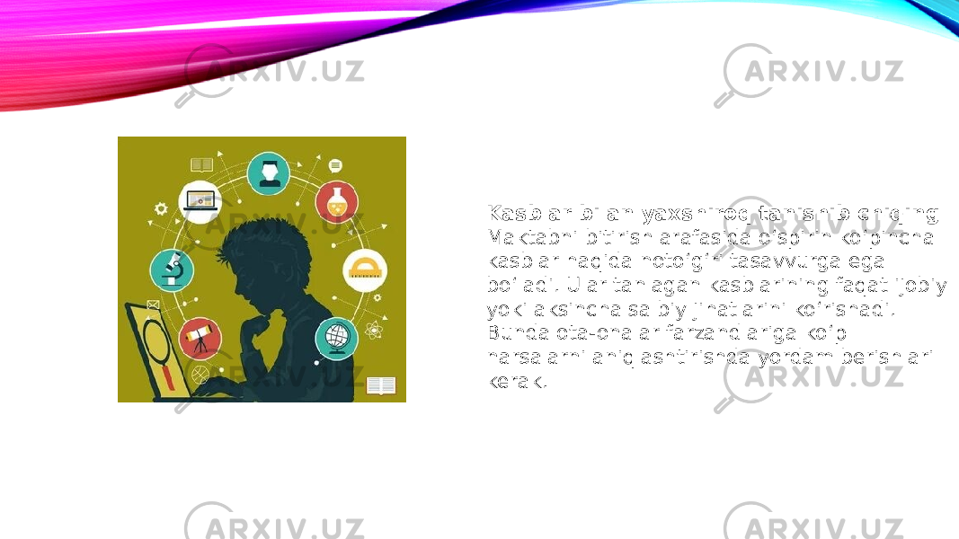 Kasblar bilan yaxshiroq tanishib chiqing Maktabni bitirish arafasida o‘spirin ko‘pincha kasblar haqida noto‘g‘ri tasavvurga ega bo‘ladi. Ular tanlagan kasblarining faqat ijobiy yoki aksincha salbiy jihatlarini ko‘rishadi. Bunda ota-onalar farzandlariga ko‘p narsalarni aniqlashtirishda yordam berishlari kerak. 