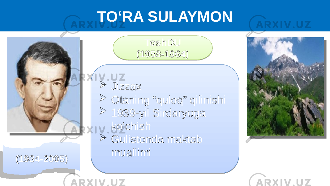 TO‘RA SULAYMON (1934-2005)  Jizzax  Otaning “quloq” qilinishi  1939-yil Sirdaryoga ko‘chish  Gulistonda maktab muallimi ToshDU (1958-1964)1D 01 1E 01 01 01 2223 08 01 1A 04 01 1D 