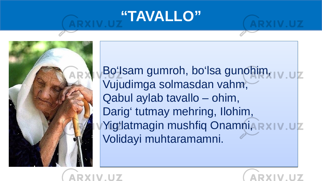 Nelardandir ko‘ngil bo‘lib g‘ash, Xam egilib, bu egilmas bosh, Ko‘zlarimda qalqib tursa yosh, Bu holimga berolmay bardosh, Bir mushtipar Onam yig‘laydir, Qolganlari yolg‘on yig‘laydir. “ TAVALLO” Qaytar bo‘lsam quruq qo‘l ovdan, Qora qozon qolsa qaynovdan, Ham ayrilib o‘lja, ulovdan, Qarzga botar bo‘Isam birovdan, Taskin berib Onam yig‘laydir, Qolganlari yolg‘on yig‘laydir.Bo‘Isam gumroh, bo‘lsa gunohim, Vujudimga solmasdan vahm, Qabul aylab tavallo – ohim, Darig‘ tutmay mehring, Ilohim, Yig‘latmagin mushfiq Onamni, Volidayi muhtaramamni.28052514050C091B0B 280B0C05 35 28050C160F 17 280B03 1C 37 28 38 27 37 