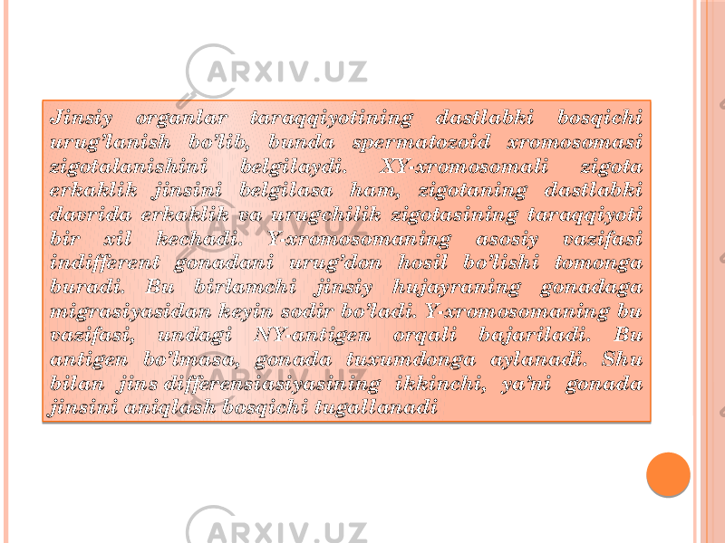 Jinsiy organlar taraqqiyotining dastlabki bosqichi urug’lanish bo’lib, bunda spermatozoid xromosomasi zigotalanishini belgilaydi. X Y-xromosomali zigota erkaklik jinsini belgilasa ham, zigotaning dastlabki davrida erkaklik va urugchilik zigotasining taraqqiyoti bir xil kechadi. Y-xromosomaning asosiy vazifasi indifferent gonadani urug’don hosil bo’lishi tomonga buradi. Bu birlamchi jinsiy hujayraning gonadaga migrasiyasidan keyin sodir bo’ladi. Y-xromosomaning bu vazifasi, undagi N Y-antigen orqali bajariladi. Bu antigen bo’lmasa, gonada tuxumdonga aylanadi. Shu bilan jins differensiasiyasining ikkinchi, ya’ni gonada jinsini aniqlash bosqichi tugallanadi 01 130813 19 1708 0E 0F 02030E 0F 1802 20 0A 0F 1F020304 