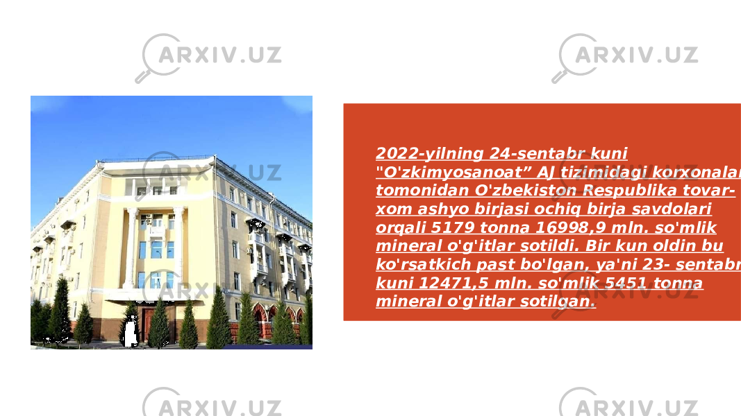 2022-yilning 24-sentabr kuni &#34;O&#39;zkimyosanoat” AJ tizimidagi korxonalar tomonidan O&#39;zbekiston Respublika tovar- xom ashyo birjasi ochiq birja savdolari orqali 5179 tonna 16998,9 mln. so&#39;mlik mineral o&#39;g&#39;itlar sotildi. Bir kun oldin bu ko&#39;rsatkich past bo&#39;lgan, ya&#39;ni 23- sentabr kuni 12471,5 mln. so&#39;mlik 5451 tonna mineral o&#39;g&#39;itlar sotilgan. 