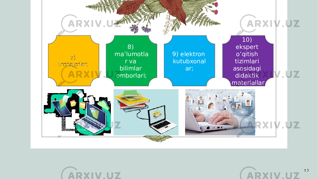 127) trenajerlar; 8) ma’lumotla r va bilimlar omborlari; 9) elektron kutubxonal ar; 10) ekspert o’qitish tizimlari asosidagi didaktik materiallar 