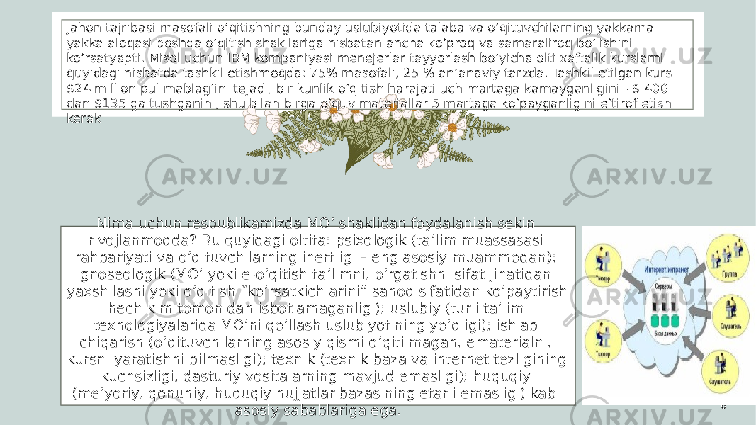 6Jahon tajribasi masofali o’qitishning bunday uslubiyotida talaba va o’qituvchilarning yakkama- yakka aloqasi boshqa o’qitish shakllariga nisbatan ancha ko’proq va samaraliroq bo’lishini ko’rsatyapti. Misol uchun IBM kompaniyasi menejerlar tayyorlash bo’yicha olti xaftalik kurslarni quyidagi nisbatda tashkil etishmoqda: 75% masofali, 25 % an’anaviy tarzda. Tashkil etilgan kurs $24 million pul mablag’ini tejadi, bir kunlik o’qitish harajati uch martaga kamayganligini - $ 400 dan $135 ga tushganini, shu bilan birga o’quv materiallar 5 martaga ko’payganligini e’tirof etish kerak Nima uchun respublikamizda MO’ shaklidan foydalanish sekin rivojlanmoqda? Bu quyidagi oltita: psixologik (ta’lim muassasasi rahbariyati va o’qituvchilarning inertligi – eng asosiy muammodan); gnoseologik (MO’ yoki e-o’qitish ta’limni, o’rgatishni sifat jihatidan yaxshilashi yoki o’qitish “ko’rsatkichlarini” sanoq sifatidan ko’paytirish hech kim tomonidan isbotlamaganligi); uslubiy (turli ta’lim texnologiyalarida MO’ni qo’llash uslubiyotining yo’qligi); ishlab chiqarish (o’qituvchilarning asosiy qismi o’qitilmagan, ematerialni, kursni yaratishni bilmasligi); texnik (texnik baza va internet tezligining kuchsizligi, dasturiy vositalarning mavjud emasligi); huquqiy (me’yoriy, qonuniy, huquqiy hujjatlar bazasining etarli emasligi) kabi asosiy sabablariga ega. 