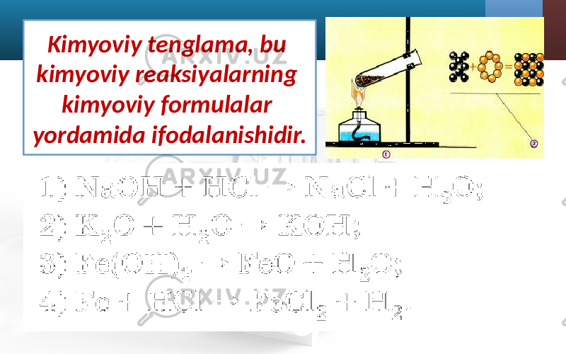 Kimyoviy tenglama, bu kimyoviy reaksiyalarning kimyoviy formulalar yordamida ifodalanishidir. 