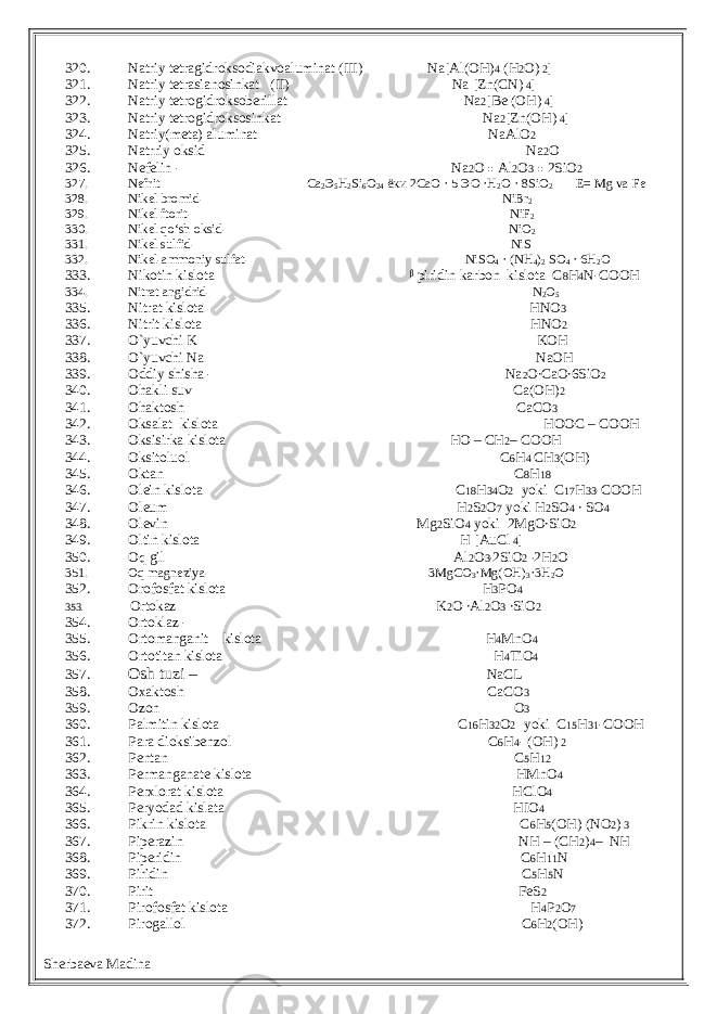 320. Natriy tetragidroksodiakvoaluminat (III) Na[Al(OH) 4 (H 2 O) 2 ] 321. Natriy tetrasianosinkat (II) Na [Zn(CN) 4 ] 322. Natriy tetrogidroksoberillat Na 2 [Be (OH) 4 ] 323. Natriy tetrogidroksosinkat Na 2 [Zn(OH) 4 ] 324. Natriy(meta) aluminat NaAlO 2 325. Natrriy oksid Na 2 O 326. Nefelin - Na 2 O ● Al 2 O 3 ● 2SiO 2 327. Nefrit- Ca 2 Э 5 H 2 Si 6 O 24 ёки 2 СаО · 5 ЭО · Н 2 О · 8 SiO 2 E = Mg va Fe 328. Nikel bro mid- NiBr 2 329. Nikel ftorit- NiF 2 330. Nikel qo‘sh oksid- NiO 2 331. Nikel sulfid- NiS 332. Nikel-ammoniy sulfat- NiSO 4 · (NH 4 ) 2 SO 4 · 6H 2 O 333. Nikotin kislota ᵝ piridin karbon kislota C 8 H 4 N-COOH 334. Nitrat angidrid- N 2 O 5 335. Nitrat kislota HNO 3 336. Nitrit kislota HNO 2 337. O`yuvchi K KOH 338. O`yuvchi Na NaOH 339. Oddiy shisha - Na 2 O∙CaO∙6SiO 2 340. Ohakli suv Ca(OH) 2 341. Ohaktosh CaCO 3 342. Oksalat kislota HOOC – COOH 343. Oksisirka kislota HO – CH 2 – COOH 344. Oksitoluol C 6 H 4 CH 3 (OH) 345. Oktan C 8 H 18 346. Olein kislota C 18 H 34 O 2 yoki C 17 H 33 -COOH 347. Oleum H 2 S 2 O 7 yoki H 2 SO 4 ∙ SO 4 348. Olevin Mg 2 SiO 4 yoki 2MgO∙SiO 2 349. Oltin kislota H [AuCl 4 ] 350. Oq gil Al 2 O 3∙ 2SiO 2 ∙ 2H 2 O 351. Oq magneziya- 3MgCO 3 ·Mg(OH) 3 ·3H 2 O 352. Orofosfat kislota H 3 PO 4 353. Ortokaz K 2 O ∙Al 2 O 3 ∙SiO 2 354. Ortoklaz - 355. Ortomanganit kislota H 4 MnO 4 356. Ortotitan kislota H 4 TiO 4 357. Osh tuzi – NaCL 358. Oxaktosh CaCO 3 359. Ozon O 3 360. Palmitin kislota C 16 H 32 O 2 yoki C 15 H 31 -COOH 361. Para dioksibenzol C 6 H 4 - (OH) 2 362. Pentan C 5 H 12 363. Permanganate kislota HMnO 4 364. Perxlorat kislota HClO 4 365. Peryodad kislata HIO 4 366. Pikrin kislota C 6 H 5 (OH) (NO 2 ) 3 367. Piperazin NH – (CH 2 ) 4 – NH 368. Piperidin C 6 H 11 N 369. Piridin C 5 H 5 N 370. Pirit FeS 2 371. Pirofosfat kislota H 4 P 2 O 7 372. Pirogallol C 6 H 2 (OH) Sherbaeva Madina 