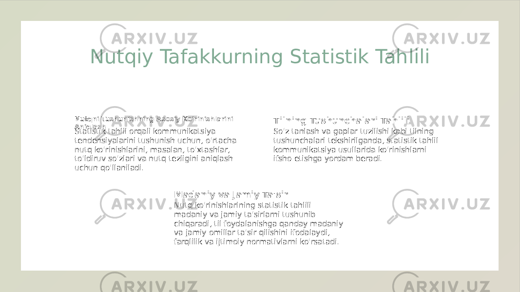 Nutqiy Tafakkurning Statistik Tahlili Nutqni Tushunishning Asosiy Ko&#39;rinishlarini Aniqlash Statistik tahlil orqali kommunikatsiya tendensiyalarini tushunish uchun, o&#39;rtacha nutq ko&#39;rinishlarini, masalan, to&#39;xtashlar, to&#39;ldiruv so&#39;zlari va nutq tezligini aniqlash uchun qo&#39;llaniladi. Tilning Tushunchalari Tahlili So&#39;z tanlash va gaplar tuzilishi kabi tilning tushunchalari tekshirilganda, statistik tahlil kommunikatsiya usullarida ko&#39;rinishlarni ifsho etishga yordam beradi. Madaniy va Jamiy Ta&#39;sir Nutq ko&#39;rinishlarining statistik tahlili madaniy va jamiy ta&#39;sirlarni tushunib chiqaradi, til foydalanishga qanday madaniy va jamiy omillar ta&#39;sir qilishini ifodalaydi, farqlilik va ijtimoiy normativlarni ko&#39;rsatadi. 