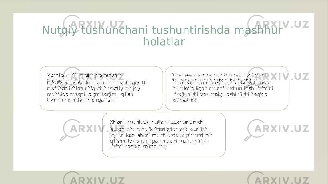 Nutqiy tushunchani tushuntirishda mashhur holatlar Ko&#39;plab tilli muhitda nutqni tushuntirish Ko&#39;plik tillar va dialektlarni muvaffaqiyatli ravishda ishlab chiqarish vaqtiy ish joy muhitida nutqni to&#39;g&#39;ri tarjima qilish tizimining holatini o&#39;rganish. Tinglovchilarning eshitish qobiliyatlarini ta&#39;minlash uchun nutqni tushuntirish Tinglovchilarning eshitish qobiliyatlariga mos keladigan nutqni tushuntirish tizimini rivojlanishi va amalga oshirilishi haqida ko&#39;rsatma. Shorli muhitda nutqni tushuntirish Nutqni shunchalik fabrikalar yoki qurilish joylari kabi shorli muhitlarda to&#39;g&#39;ri tarjima qilishni ko&#39;rsatadigan nutqni tushuntirish tizimi haqida ko&#39;rsatma. 