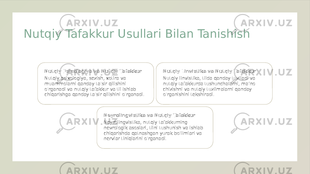 Nutqiy Tafakkur Usullari Bilan Tanishish Nutqiy Psixologiya va Nutqiy Tafakkur Nutqiy psixologiya, sezish, xotira va muammolarni qanday ta&#39;sir qilishini o&#39;rganadi va nutqiy tafakkur va til ishlab chiqarishga qanday ta&#39;sir qilishini o&#39;rganadi. Nutqiy Linvistika va Nutqiy Tafakkur Nutqiy linvistika, tilda qanday tuziladi va nutqiy tafakkurda tushunchalarni, ma’no chizishni va nutqiy tuzilmalarni qanday o&#39;rganishini tekshiradi. Neyrolingvistika va Nutqiy Tafakkur Neyrolingvistika, nutqiy tafakkurning nevrologik asoslari, tilni tushunish va ishlab chiqarishda qatnashgan yurak bo&#39;limlari va nervlar tiniqlarini o&#39;rganadi. 