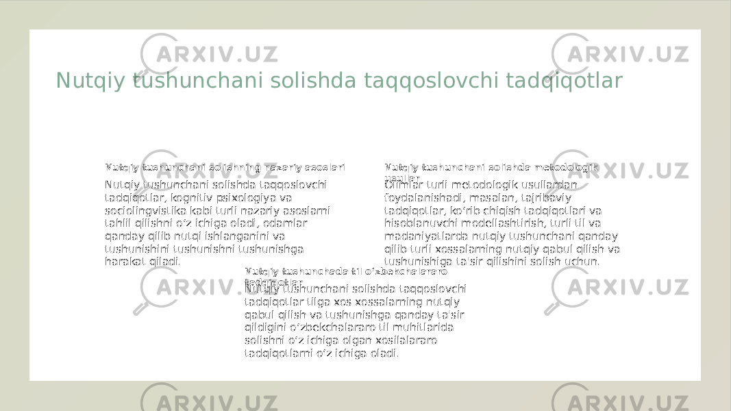 Nutqiy tushunchani solishda taqqoslovchi tadqiqotlar Nutqiy tushunchani solishning nazariy asoslari Nutqiy tushunchani solishda taqqoslovchi tadqiqotlar, kognitiv psixologiya va sociolingvistika kabi turli nazariy asoslarni tahlil qilishni oʻz ichiga oladi, odamlar qanday qilib nutqi ishlanganini va tushunishini tushunishni tushunishga harakat qiladi. Nutqiy tushunchani solishda metodologik usullar Olimlar turli metodologik usullardan foydalanishadi, masalan, tajribaviy tadqiqotlar, koʻrib chiqish tadqiqotlari va hisoblanuvchi modellashtirish, turli til va madaniyatlarda nutqiy tushunchani qanday qilib turli xossalarning nutqiy qabul qilish va tushunishiga ta&#39;sir qilishini solish uchun. Nutqiy tushunchada til oʻzbekchalararo tadqiqotlar Nutqiy tushunchani solishda taqqoslovchi tadqiqotlar tilga xos xossalarning nutqiy qabul qilish va tushunishga qanday ta&#39;sir qildigini oʻzbekchalararo til muhitlarida solishni oʻz ichiga olgan xosilalararo tadqiqotlarni oʻz ichiga oladi. 