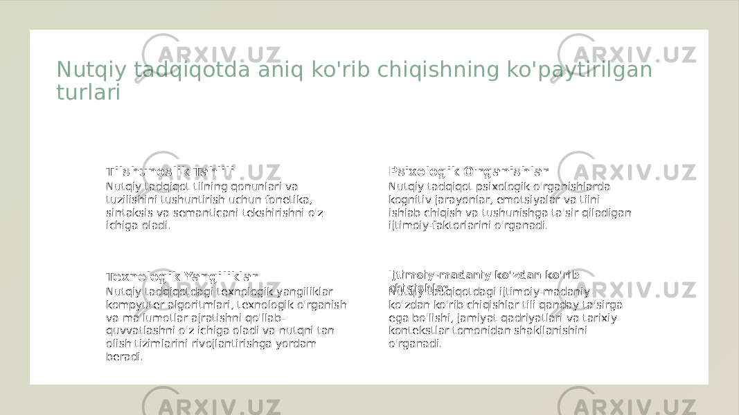 Nutqiy tadqiqotda aniq ko&#39;rib chiqishning ko&#39;paytirilgan turlari Tilshunoslik Tahlili Nutqiy tadqiqot tilning qonunlari va tuzilishini tushuntirish uchun fonetika, sintaksis va semanticani tekshirishni o&#39;z ichiga oladi. Psixologik O&#39;rganishlar Nutqiy tadqiqot psixologik o&#39;rganishlarda kognitiv jarayonlar, emotsiyalar va tilni ishlab chiqish va tushunishga ta&#39;sir qiladigan ijtimoiy-faktorlarini o&#39;rganadi. Texnologik Yangiliklar Nutqiy tadqiqotdagi texnologik yangiliklar kompyuter algoritmlari, texnologik o&#39;rganish va ma&#39;lumotlar ajratishni qo&#39;llab- quvvatlashni o&#39;z ichiga oladi va nutqni tan olish tizimlarini rivojlantirishga yordam beradi. Ijtimoiy-madaniy ko&#39;zdan ko&#39;rib chiqishlar Nutqiy tadqiqotdagi ijtimoiy-madaniy ko&#39;zdan ko&#39;rib chiqishlar tili qanday ta&#39;sirga ega bo&#39;lishi, jamiyat qadriyatlari va tarixiy kontekstlar tomonidan shakllanishini o&#39;rganadi. 