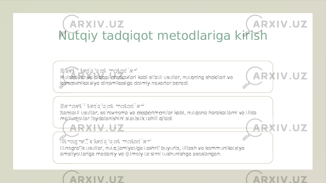 Nutqiy tadqiqot metodlariga kirish Sifatli tadqiqot metodlari Muloqotlar va diqqat markazlari kabi sifatli usullar, nutqning shakllari va kommunikatsiya dinamikasiga doimiy nazarlar beradi. Sanoatli tadqiqot metodlari Sanoatli usullar, so&#39;rovnoma va eksperimentlar kabi, nutqona harakatlarni va tilda ma’lumotlar foydalanishini statistik tahlil qiladi. Etnografik tadqiqot metodlari Etnografik usullar, nutq jamiyatiga tashrif buyurib, tillash va kommunikatsiya amaliyotlariga madaniy va ijtimoiy ta&#39;sirni tushunishga asoslangan. 