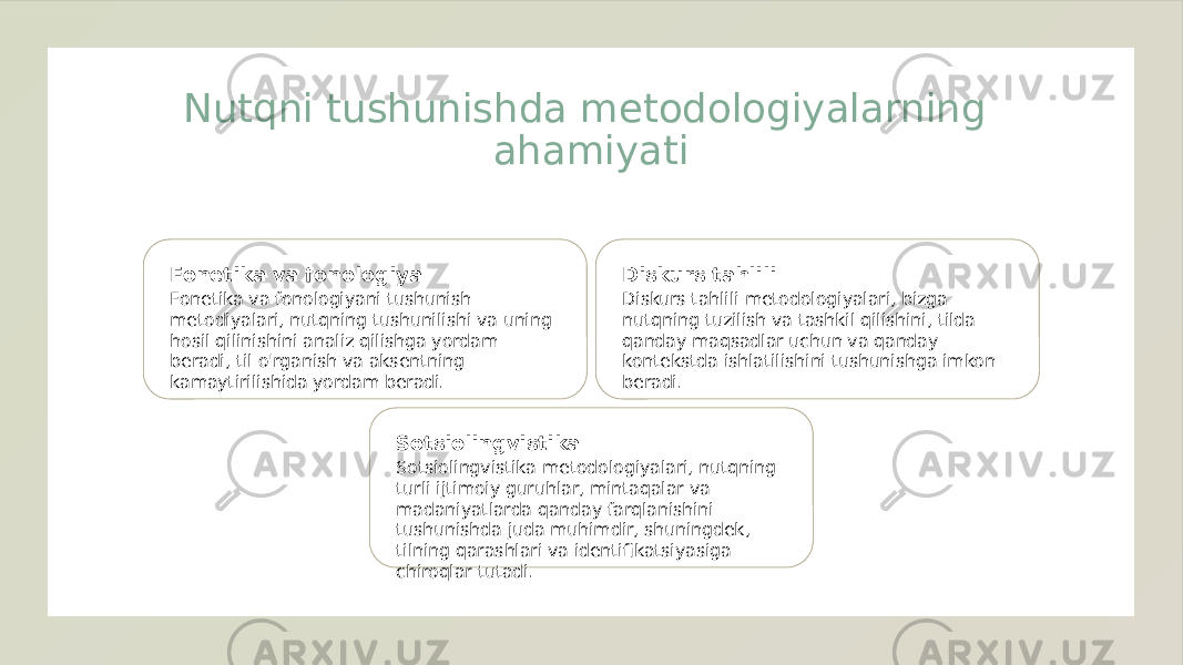 Nutqni tushunishda metodologiyalarning ahamiyati Fonetika va fonologiya Fonetika va fonologiyani tushunish metodiyalari, nutqning tushunilishi va uning hosil qilinishini analiz qilishga yordam beradi, til o&#39;rganish va aksentning kamaytirilishida yordam beradi. Diskurs tahlili Diskurs tahlili metodologiyalari, bizga nutqning tuzilish va tashkil qilishini, tilda qanday maqsadlar uchun va qanday kontekstda ishlatilishini tushunishga imkon beradi. Sotsiolingvistika Sotsiolingvistika metodologiyalari, nutqning turli ijtimoiy guruhlar, mintaqalar va madaniyatlarda qanday farqlanishini tushunishda juda muhimdir, shuningdek, tilning qarashlari va identifikatsiyasiga chiroqlar tutadi. 