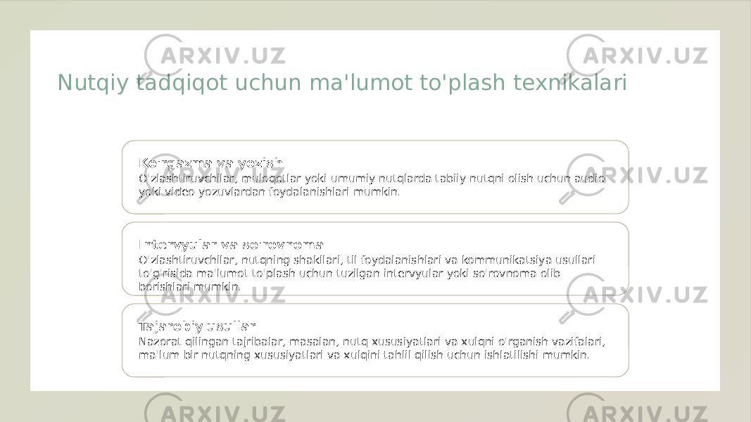 Nutqiy tadqiqot uchun ma&#39;lumot to&#39;plash texnikalari Ko&#39;rgazma va yozish O&#39;zlashtiruvchilar, muloqotlar yoki umumiy nutqlarda tabiiy nutqni olish uchun audio yoki video yozuvlardan foydalanishlari mumkin. Intervyular va so&#39;rovnoma O&#39;zlashtiruvchilar, nutqning shakllari, til foydalanishlari va kommunikatsiya usullari to&#39;g&#39;risida ma&#39;lumot to&#39;plash uchun tuzilgan intervyular yoki so&#39;rovnoma olib borishlari mumkin. Tajarobiy usullar Nazorat qilingan tajribalar, masalan, nutq xususiyatlari va xulqni o&#39;rganish vazifalari, ma&#39;lum bir nutqning xususiyatlari va xulqini tahlil qilish uchun ishlatilishi mumkin. 