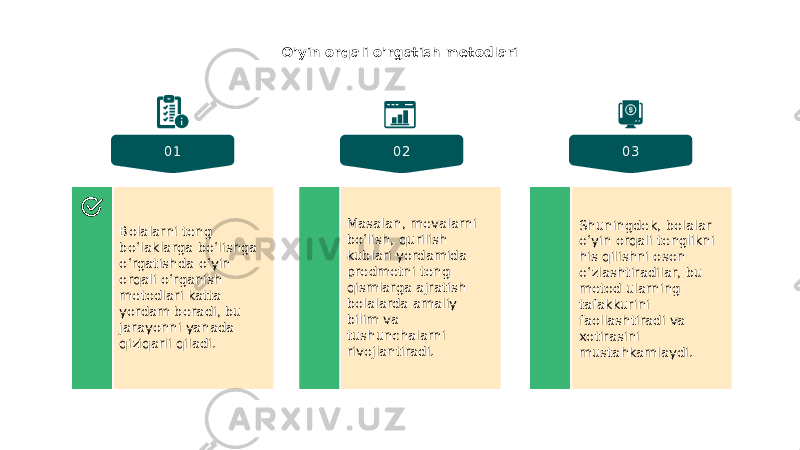 O’yin orqali o’rgatish metodlari 01 02 03 Bolalarni teng bo‘laklarga bo‘lishga o‘rgatishda o‘yin orqali o‘rganish metodlari katta yordam beradi, bu jarayonni yanada qiziqarli qiladi. Masalan, mevalarni bo‘lish, qurilish kublari yordamida predmetni teng qismlarga ajratish bolalarda amaliy bilim va tushunchalarni rivojlantiradi. Shuningdek, bolalar o‘yin orqali tenglikni his qilishni oson o‘zlashtiradilar, bu metod ularning tafakkurini faollashtiradi va xotirasini mustahkamlaydi. 
