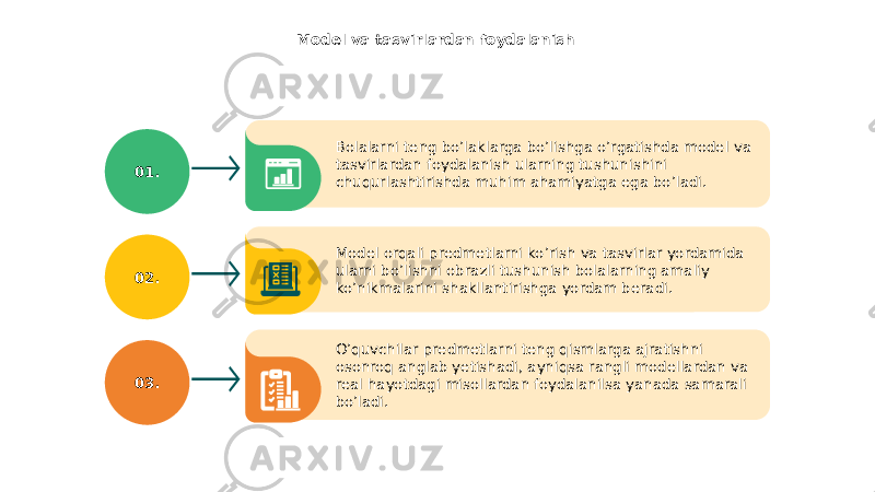 Model va tasvirlardan foydalanish 01. Bolalarni teng bo’laklarga bo’lishga o’rgatishda model va tasvirlardan foydalanish ularning tushunishini chuqurlashtirishda muhim ahamiyatga ega bo’ladi. Model orqali predmetlarni ko’rish va tasvirlar yordamida ularni bo’lishni obrazli tushunish bolalarning amaliy ko’nikmalarini shakllantirishga yordam beradi. O’quvchilar predmetlarni teng qismlarga ajratishni osonroq anglab yetishadi, ayniqsa rangli modellardan va real hayotdagi misollardan foydalanilsa yanada samarali bo’ladi.02. 03. 