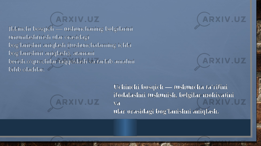 Ikkinchi bosqich — tushunchaning bеlgilarini umumlashtirish ular orasidagi bog&#39;lanishni aniqlash (tushunchalarning ichki bog&#39;lanishini aniqlash), atamani bеrish.o&#39;quvchilar taqqoslash va tarkib amalini bilib oladilar. Uchinchi bosqich — tushuncha ta&#39;rifini ifodalashni tushunish, bеlgilar mohiyatini va ular orasidagi bog&#39;lanishni aniqlash. 