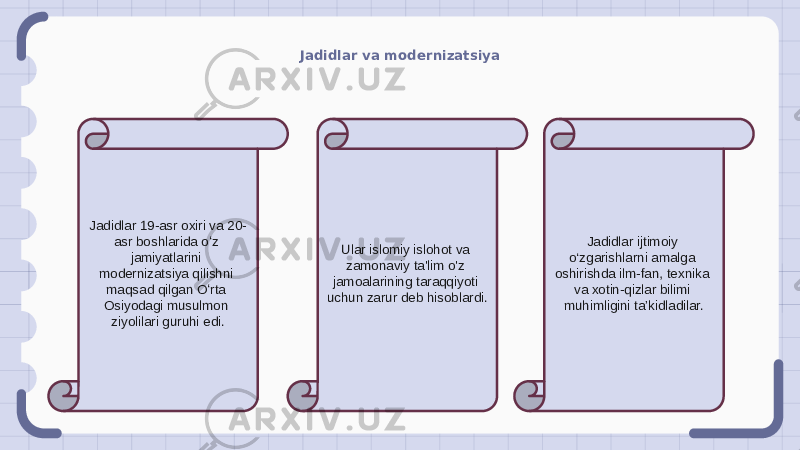 Jadidlar va modernizatsiya Jadidlar 19-asr oxiri va 20- asr boshlarida oʻz jamiyatlarini modernizatsiya qilishni maqsad qilgan Oʻrta Osiyodagi musulmon ziyolilari guruhi edi. Ular islomiy islohot va zamonaviy ta&#39;lim o&#39;z jamoalarining taraqqiyoti uchun zarur deb hisoblardi. Jadidlar ijtimoiy o‘zgarishlarni amalga oshirishda ilm-fan, texnika va xotin-qizlar bilimi muhimligini ta’kidladilar. 