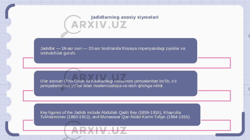 Jadidlarning asosiy siymolari Jadidlar — 19-asr oxiri — 20-asr boshlarida Rossiya imperiyasidagi ziyolilar va islohotchilar guruhi. Ular asosan Oʻrta Osiyo va Kavkazdagi musulmon jamoalaridan boʻlib, oʻz jamiyatlarini turli yoʻllar bilan modernizatsiya va isloh qilishga intildi. Key figures of the Jadids include Abdullah Qadri Bey (1859-1916), Khayrulla Tukhtamishev (1860-1912), and Munawwar Qari Abdul Karim Tufqin (1864-1916). 