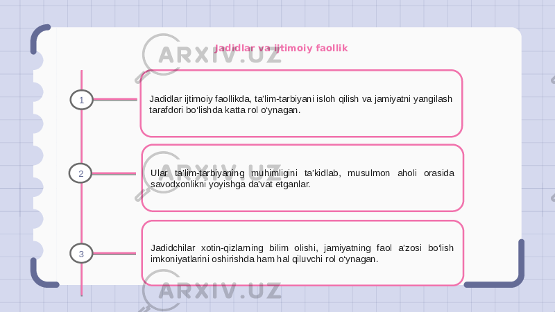 Jadidlar va ijtimoiy faollik Jadidlar ijtimoiy faollikda, ta’lim-tarbiyani isloh qilish va jamiyatni yangilash tarafdori bo‘lishda katta rol o‘ynagan. Ular ta’lim-tarbiyaning muhimligini ta’kidlab, musulmon aholi orasida savodxonlikni yoyishga da’vat etganlar. Jadidchilar xotin-qizlarning bilim olishi, jamiyatning faol a’zosi bo‘lish imkoniyatlarini oshirishda ham hal qiluvchi rol o‘ynagan.1 2 3 